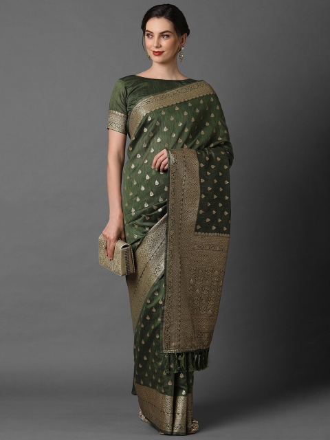 

Mitera Women Olive green Ethnic Woven Designed wedding Saree