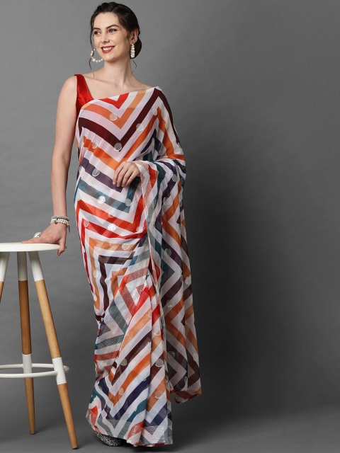 Mitera White & Red Striped Printed Silver Zari Detail Saree