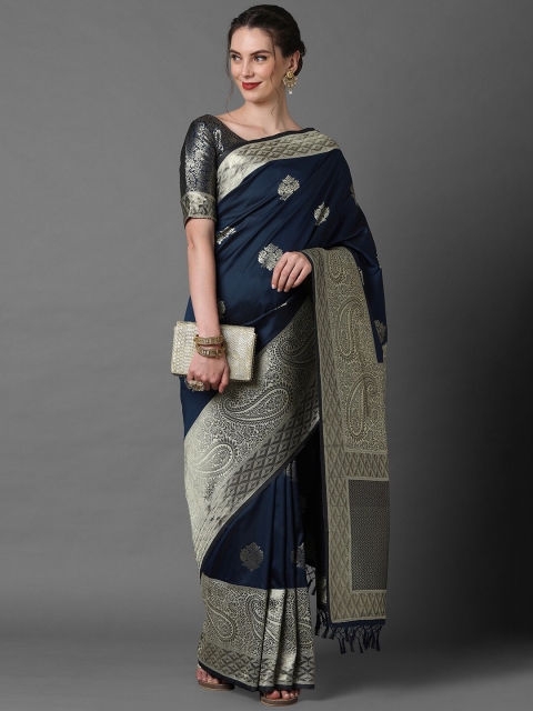 

Mitera Navy Blue & Gold-Toned Floral Zari Banarasi Saree
