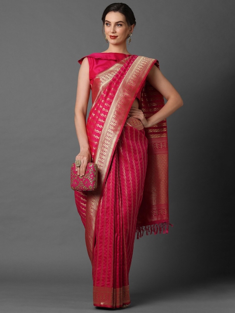 

Mitera Pink & Gold Striped Woven Zari Silk Blend Banarasi Saree