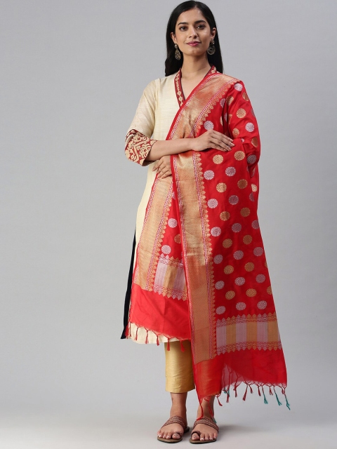 

Soch Red & Golden Ethnic Motifs Woven Design Art Silk Dupatta