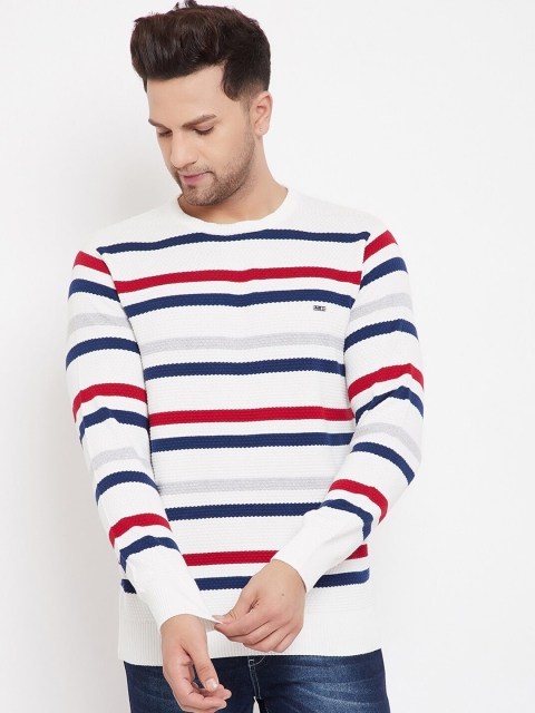 

98 Degree North Men Off White Striped Round Full Sleeve Sweater
