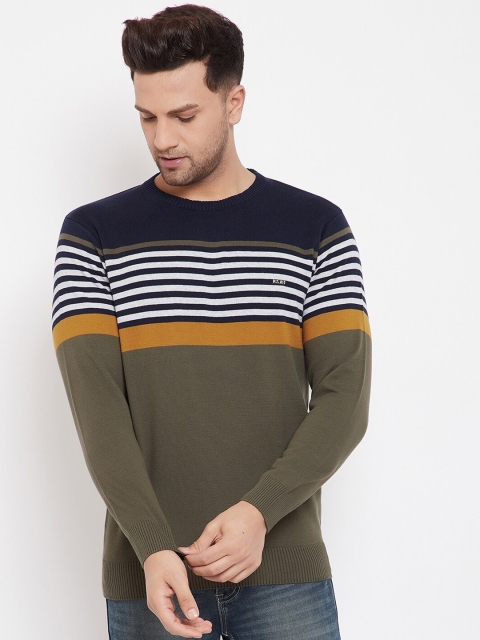 

98 Degree North Men Olive Green & Blue Striped Sweater Vest