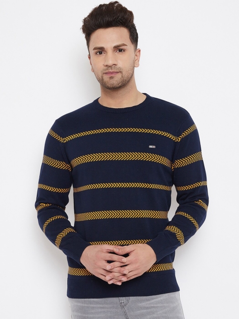 

98 Degree North Men Navy Blue Striped Full Sleeve Sweater