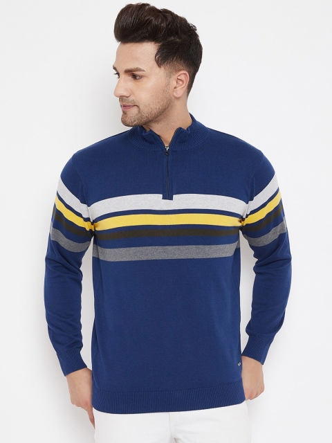 

98 Degree North Men Blue Striped High Neck Full Sleeve Sweater