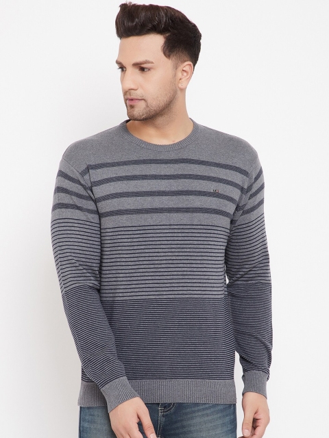 

98 Degree North Men Grey Striped Full Sleeves Sweater