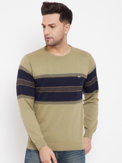 

98 Degree North Men Olive Green & Navy Blue Striped Cotton Regular Sweater Vest