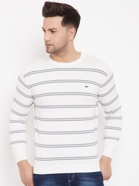 

98 Degree North Men Off White Striped Full Sleeves Sweater