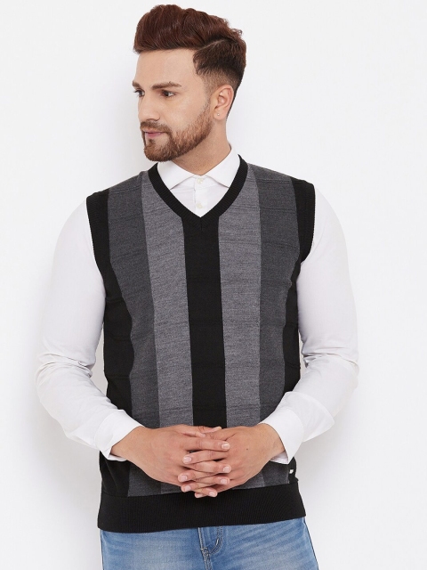 

98 Degree North Men Black Striped V Neck Sleeveless Sweater