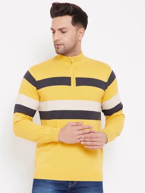 

98 Degree North Men Yellow Striped High Neck Full Sleeves Sweater