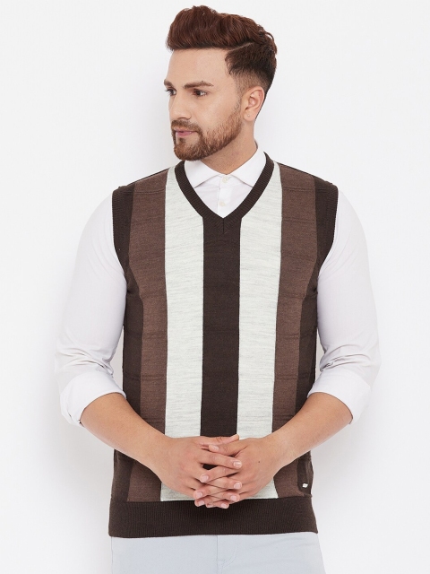 

98 Degree North Men Coffee Brown & White Striped Sweater