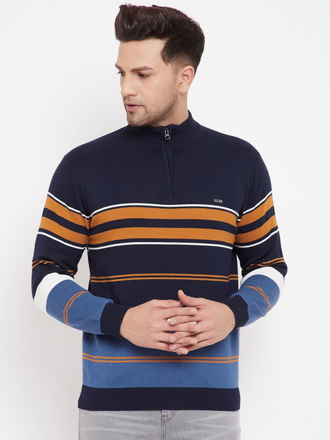 

98 Degree North Men Navy Blue Striped High Neck Full Sleeves Sweater