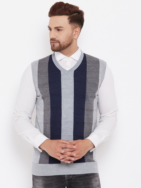 

98 Degree North Men Blue Striped V Neck Sleeveless Sweater