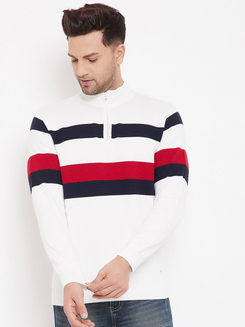 

98 Degree North Men Off White & Red Striped Sweater