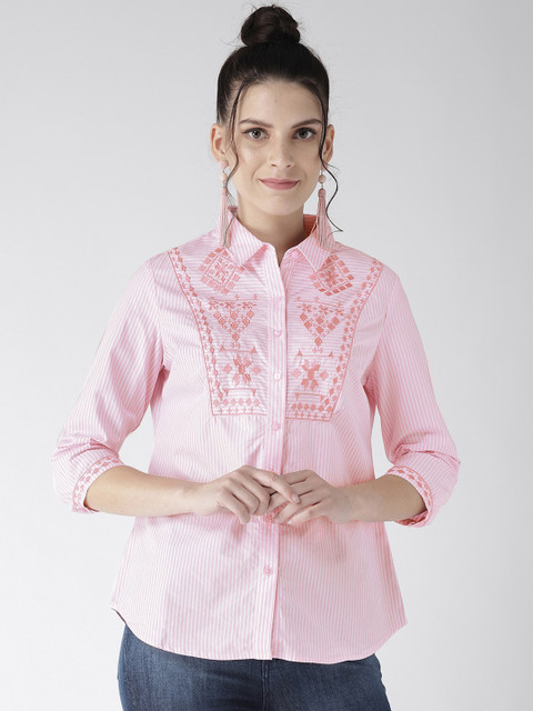 

Xpose Women Pink Striped Embroidered Cotton Casual Shirt