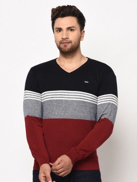 

98 Degree North Men Maroon & Black Striped Pullover