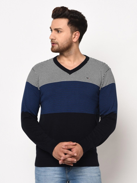 

98 Degree North Men Navy Blue & Black Striped Pullover