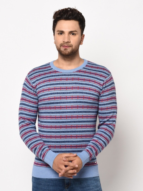 

98 Degree North Men Turquoise Blue & Multicoloured Striped Pullover