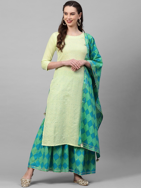 

Indo Era Women Green & Sea Green Embroidered Sequinned Kurta With Sharara & Dupatta
