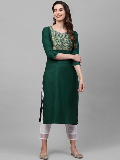 

Indo Era Women Green Yoke Design Pure Cotton Kurta with Trousers