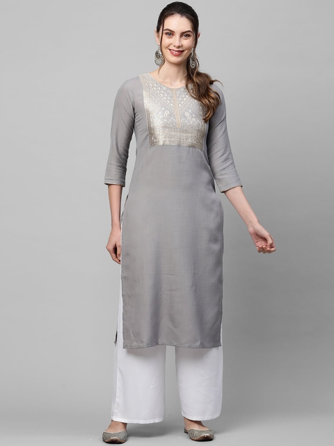

Indo Era Women Grey & Gold-Toned Ethnic Motifs Yoke Design Kurta