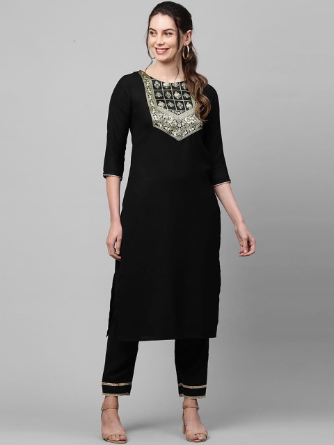 

Indo Era Women Black & Golden Yoke Woven Design Pure Cotton Straight Kurta