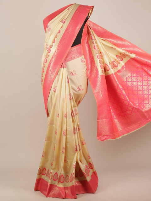 

Pothys Butter Silk Cream-Coloured & Pink Woven Designed Saree