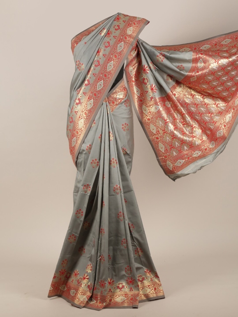 

Pothys Grey & Red Ethnic Motifs Zari Woven Design Art Silk Saree