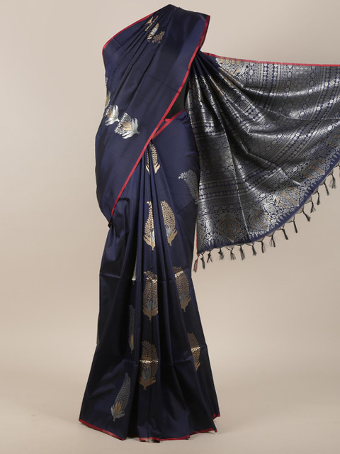 

Pothys Navy Blue & Silver Ethnic Motifs Printed Art Silk Saree