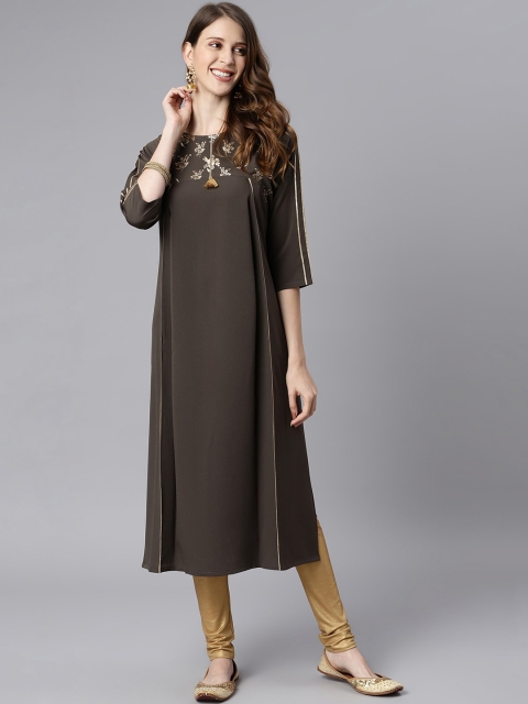 

Janasya Women Olive Green Geometric Thread Work Crepe Kurta