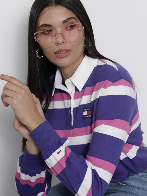 

Tommy Hilfiger Women Blue & Pink Striped Polo Collar T-shirt