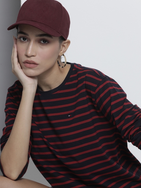 

Tommy Hilfiger Women Navy Blue & Red Striped Pure Cotton T-shirt