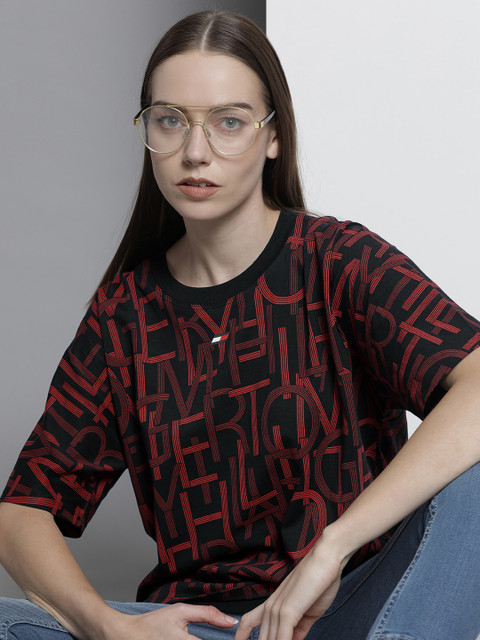 

Tommy Hilfiger Women Red Black Typography Printed Relaxed Fit Organic Cotton T-shirt