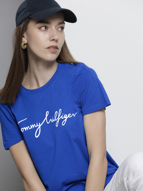 

Tommy Hilfiger Women Blue & White Typography Printed Organic Cotton T-shirt