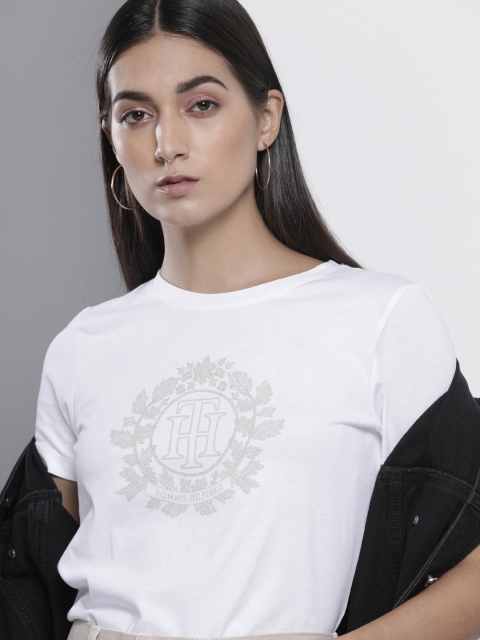 

Tommy Hilfiger Women White Brand Logo Printed Organic Cotton Sustainable T-shirt