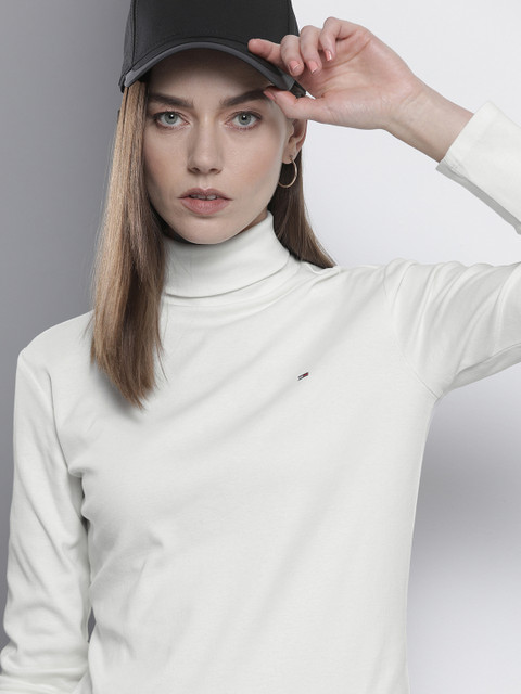 

Tommy Hilfiger Women Off White Turtle Neck Organic Cotton Slim Fit T-shirt