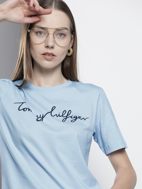 

Tommy Hilfiger Women Sky Blue Brand Logo Printed Organic Cotton Slim Fit Organic Cotton T-shirt
