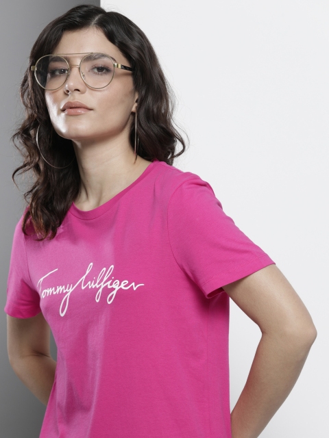 

Tommy Hilfiger Women Magenta White Typography Printed Organic Cotton T-shirt