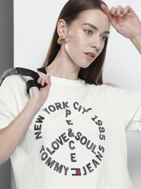 

Tommy Hilfiger Women White Black Printed Pure Cotton T-shirt