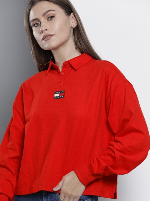 

Tommy Hilfiger Women Red Solid Polo Collar Boxy Pure Cotton T-shirt