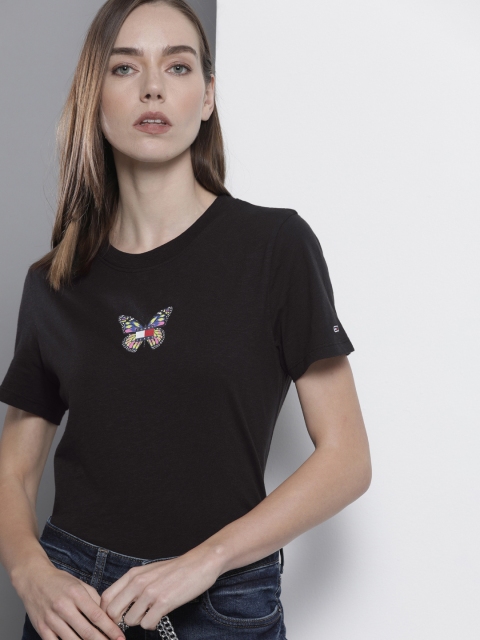 

Tommy Hilfiger Women Black Pink Butterfly Print Pure Cotton T-shirt