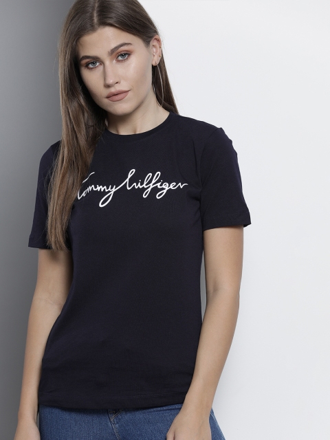 

Tommy Hilfiger Women Navy Blue White Brand Logo Printed Organic Cotton Slim Fit Pure Cotton T-shirt