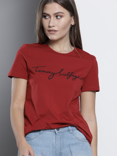 

Tommy Hilfiger Women Rust Red Brand Logo Printed Pure Cotton T-shirt