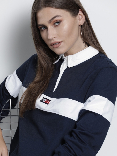 

Tommy Hilfiger Women Navy Blue & White Colourblocked Polo Collar Cropped T-shirt
