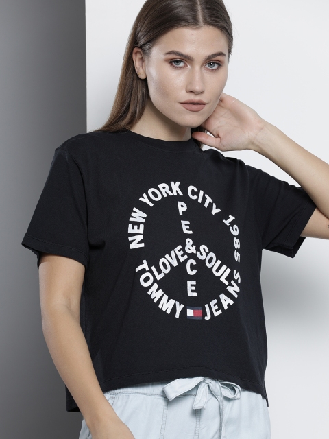 

Tommy Hilfiger Women Black White Typography Printed Pure Cotton T-shirt