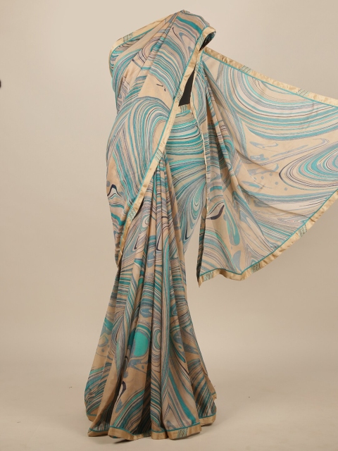 

Pothys Cream-Coloured & Sea Green Abstract Printed Saree