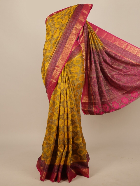 

Pothys Mustard & Pink Ethnic Motifs Woven Design Zari Jute Silk Saree
