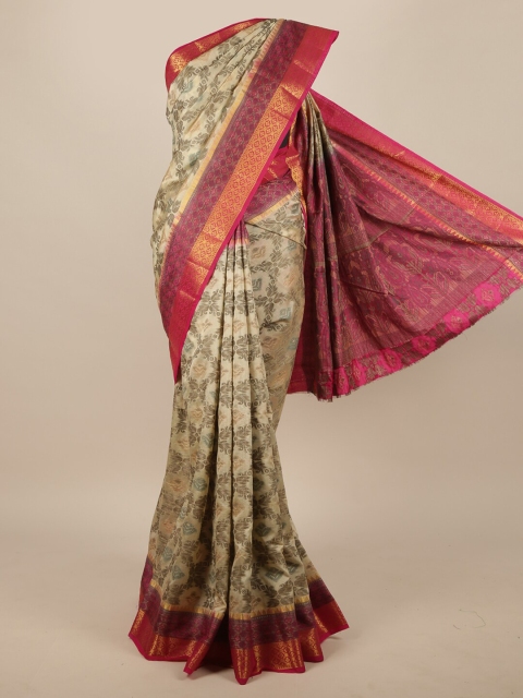 

Pothys Cream-Coloured & Gold-Toned Floral Zari Jute Silk Saree