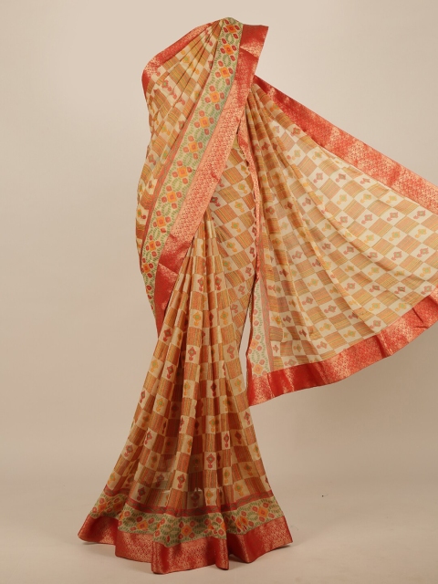 

Pothys Cream-Coloured & Gold-Toned Floral Zari Border Saree
