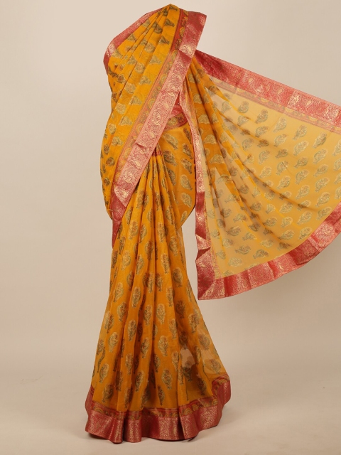 

Pothys Mustard Yellow & Pink Woven Design Zari Saree